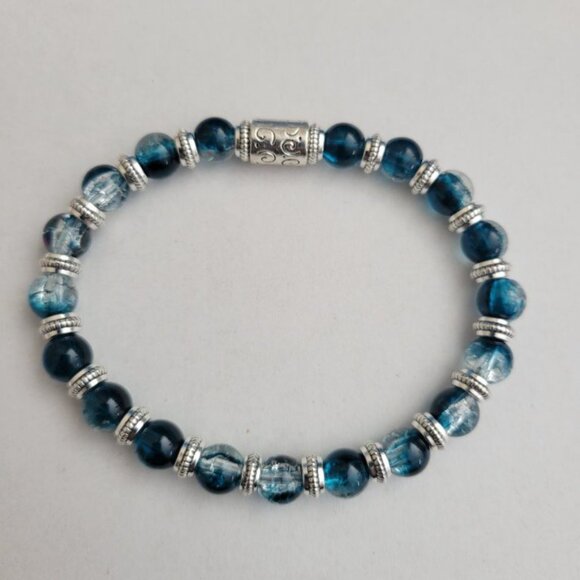 NWT Mens Blue And Silver Crackle Glass Bead Stretch Bracelet Exclusive S/M, L/XL - Picture 9 of 10
